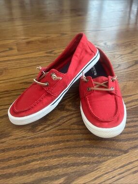 Sperry Red Canvas Boat Shoe Sneakers with Tan Laces